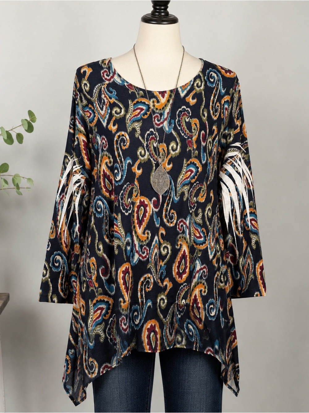 Jess & Jane 1X Paisley Tunic Top Fringe Sleeve Accent Navy Boho Artsy Made USA